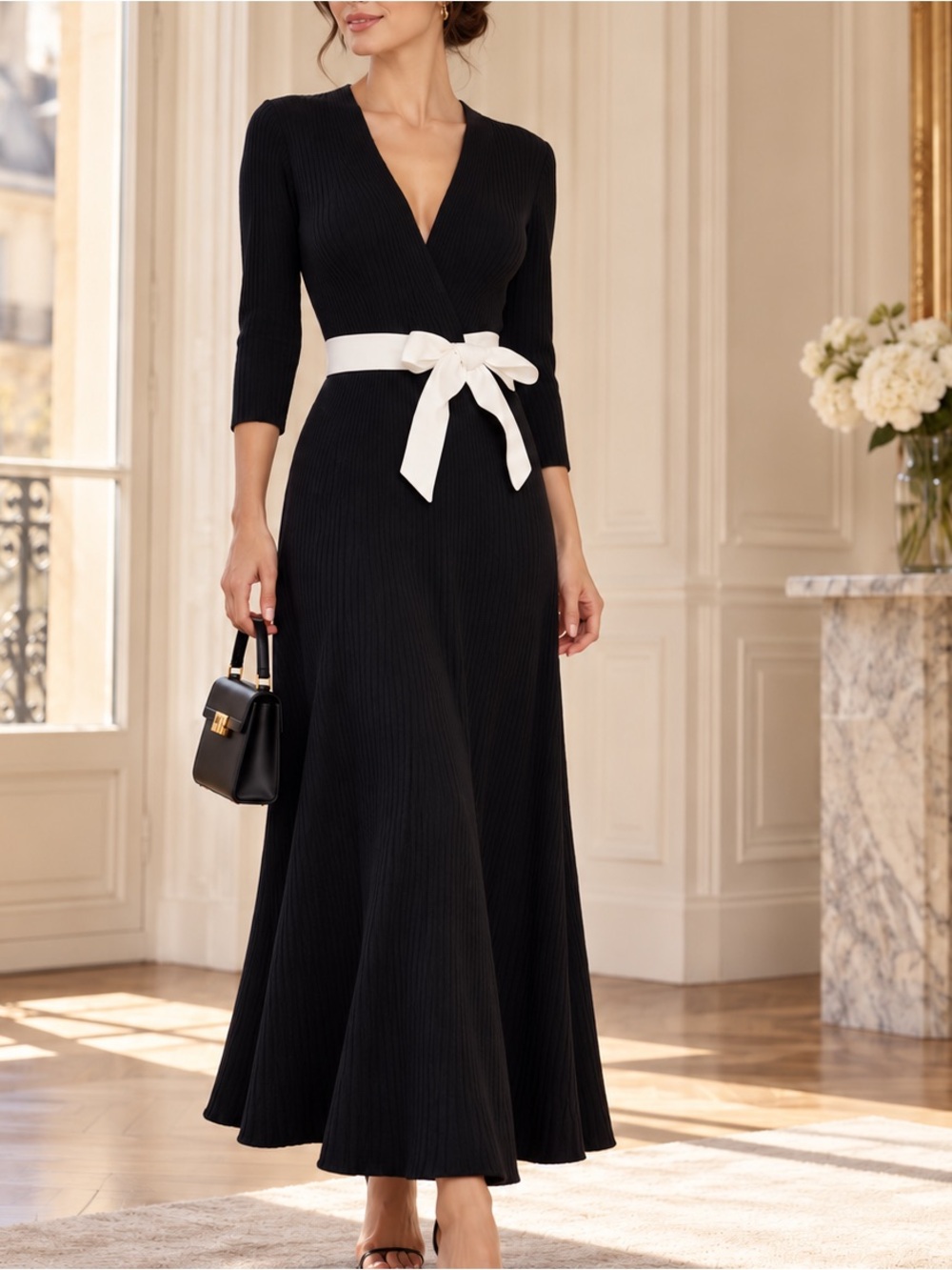 Maje Black Wrap Dress One Piece Ribbed Maxi Dress with White Bow Belt Size2